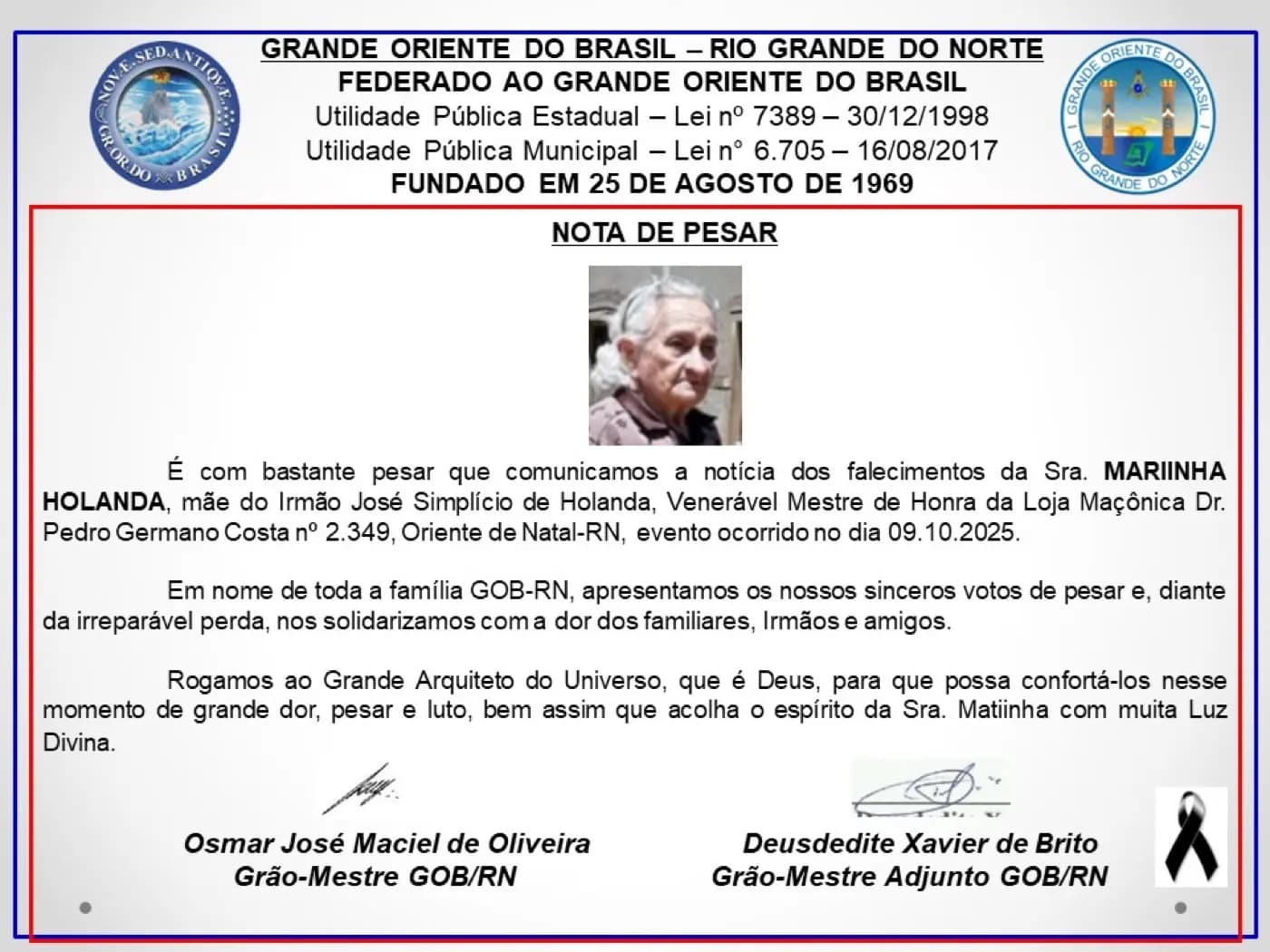 Registro fotográfico: NOTA DE PESAR