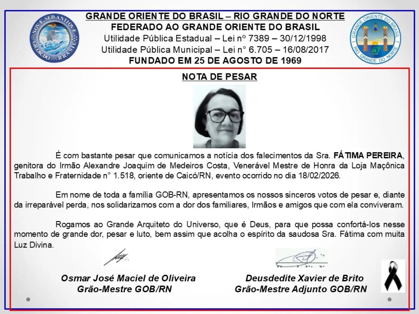 Registro fotográfico: NOTA DE PESAR