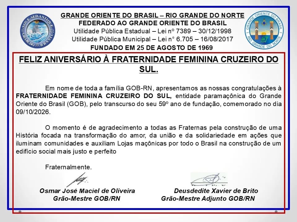 Cartão do GOB-RN pelo 59º aniversário da Fraternidade Feminina Cruzeiro do Sul, com as assinaturas do Grão-Mestre e do Grão-Mestre Adjunto