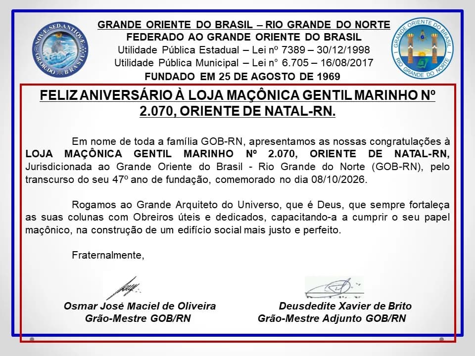 Cartão do GOB-RN pelo 47º aniversário da Loja Maçônica Gentil Marinho nº 2.070, com as assinaturas do Grão-Mestre e do Grão-Mestre Adjunto