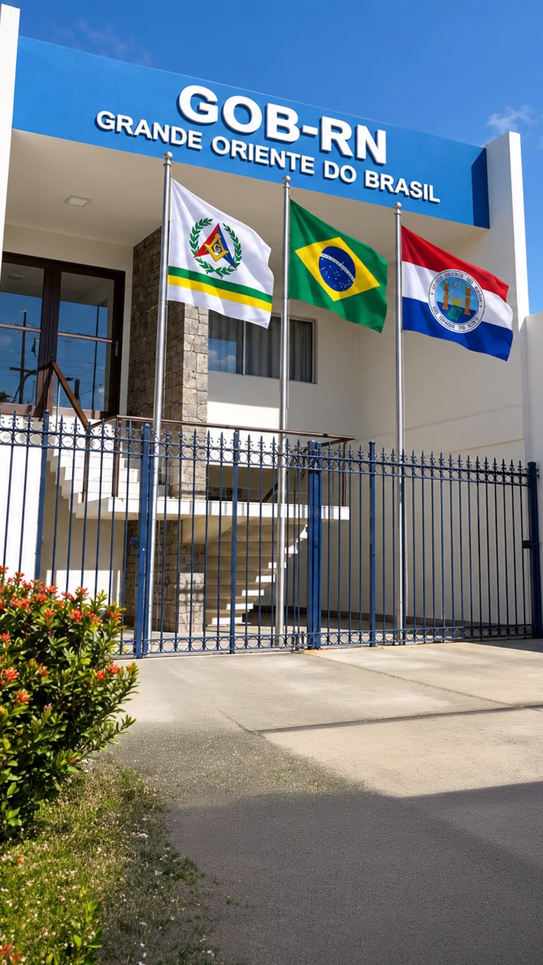 Fachada da sede do Grande Oriente do Brasil – Rio Grande do Norte, com as bandeiras do Estado, do Brasil e da Ordem